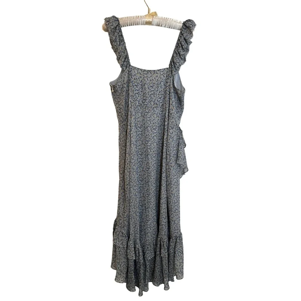 LoveShackFancy Silk‎ Midi Dress Size 4 Blue Floral Ruffle High-Low Romantic Boho